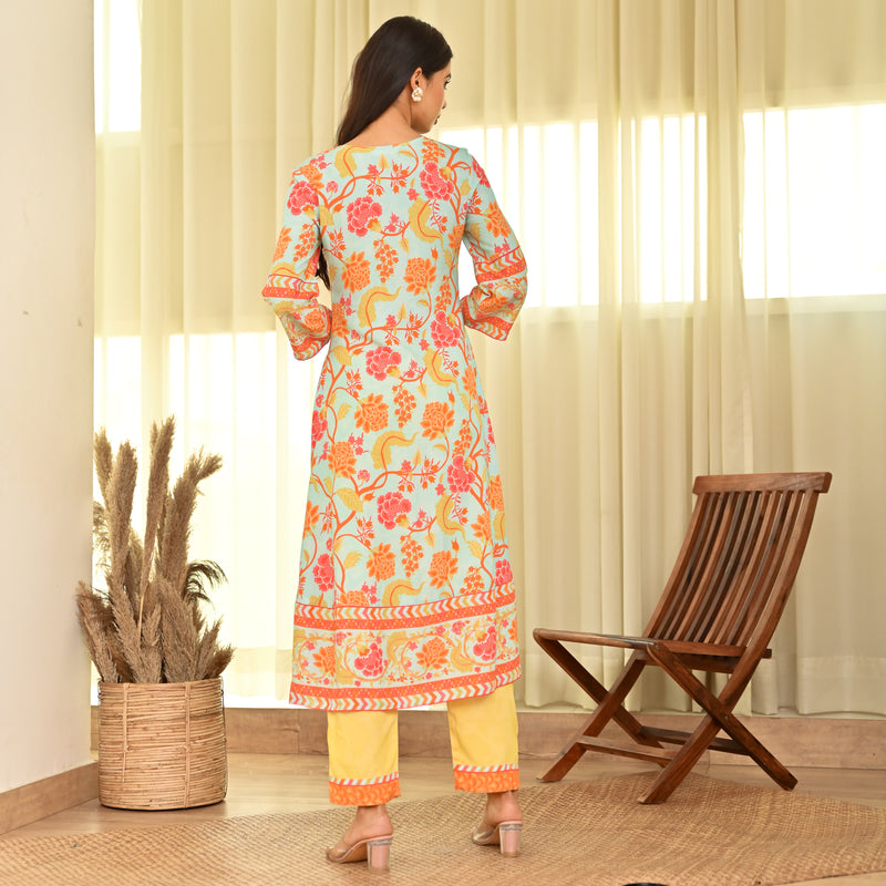 Yellow Blue A Line Floral Colour Block Kurta Pant Set
