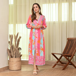 Pink Blue Side Slit Long Dress with Bishop Sleeves