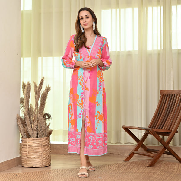 Pink Blue Side Slit Long Dress with Bishop Sleeves
