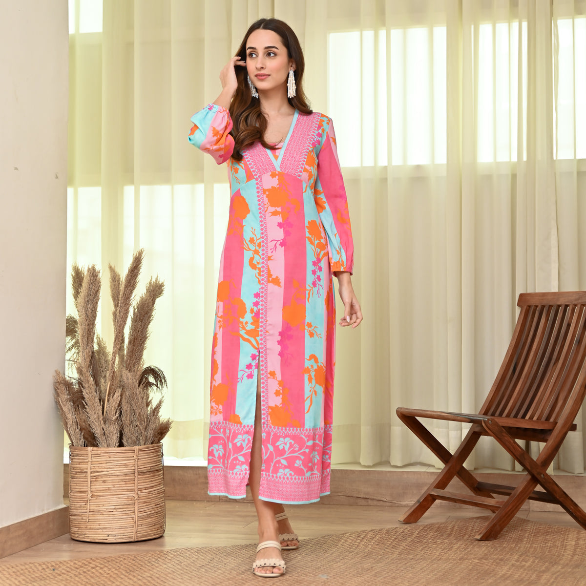 Pink Blue Side Slit Long Dress with Bishop Sleeves