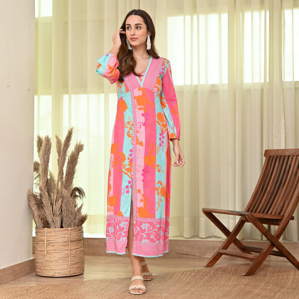 Pink Blue Side Slit Long Dress with Bishop Sleeves