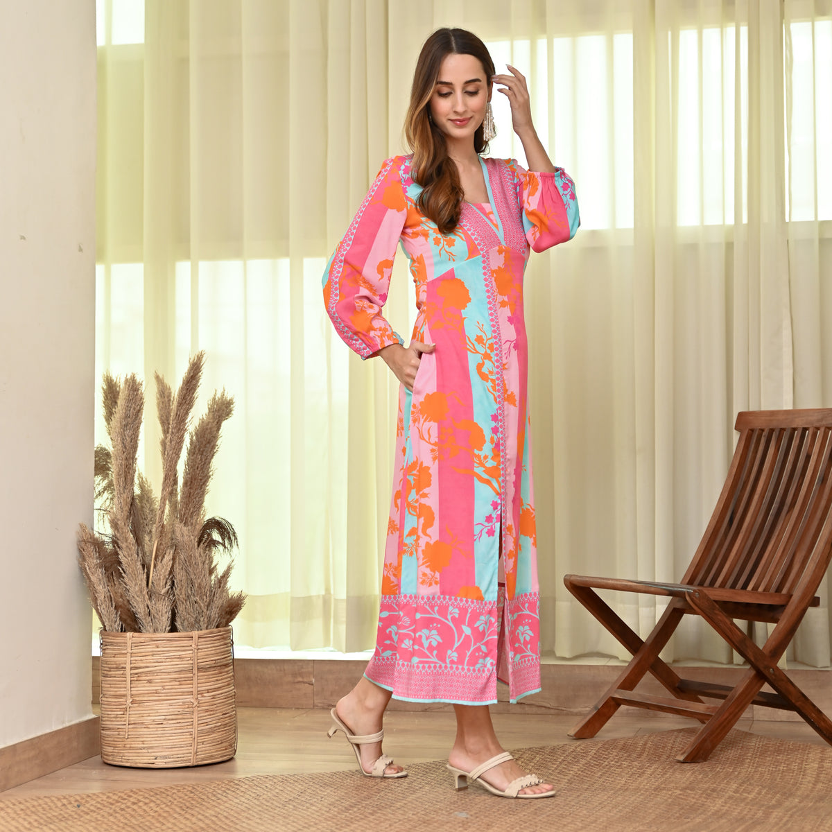 Pink Blue Side Slit Long Dress with Bishop Sleeves
