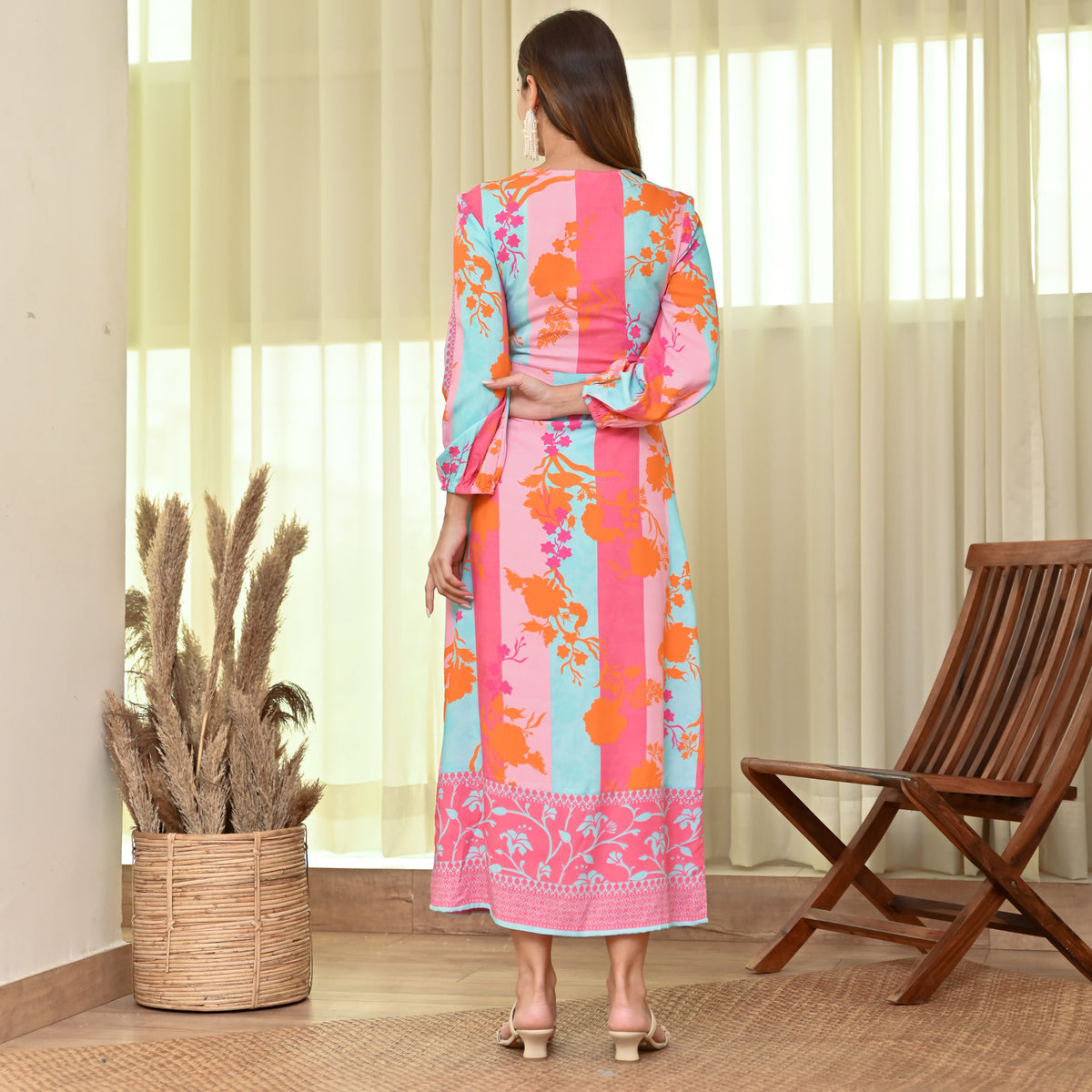 Pink Blue Side Slit Long Dress with Bishop Sleeves