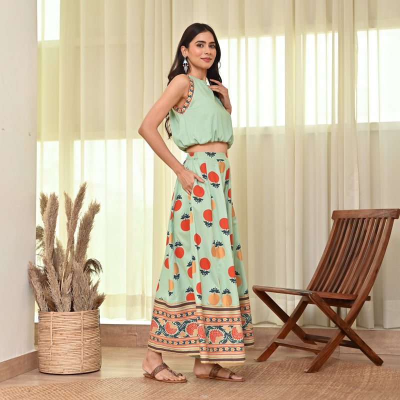 Mint Green Crop Top Sharara Set with Foil Print