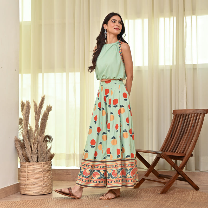 Mint Green Crop Top Sharara Set with Foil Print