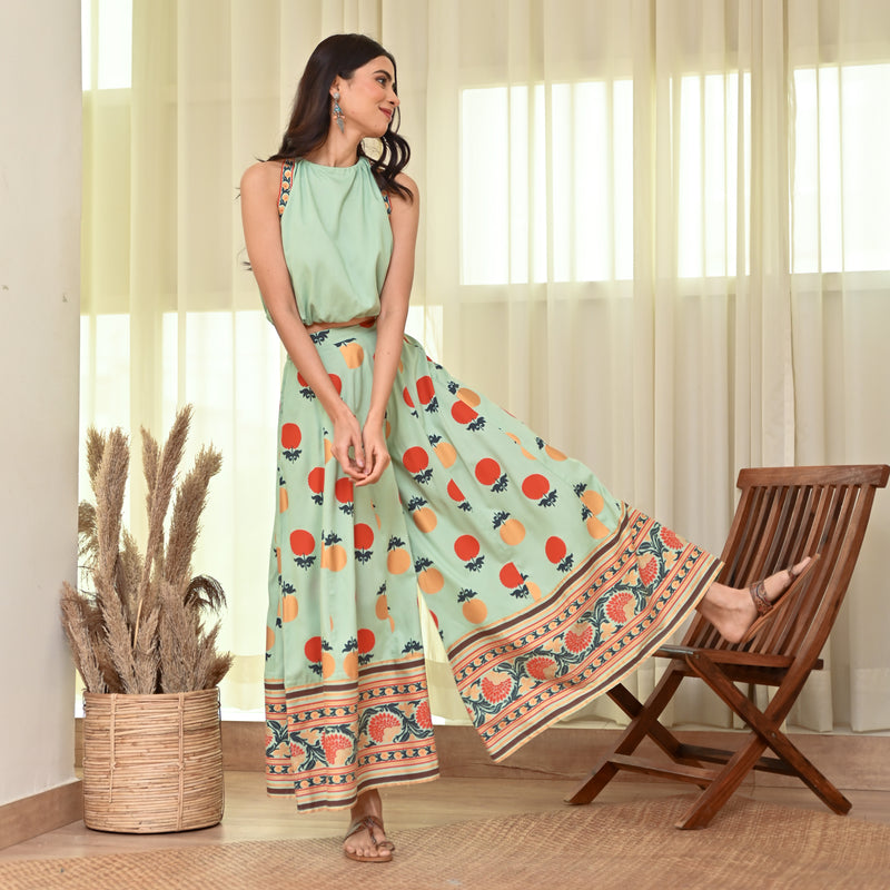 Mint Green Crop Top Sharara Set with Foil Print