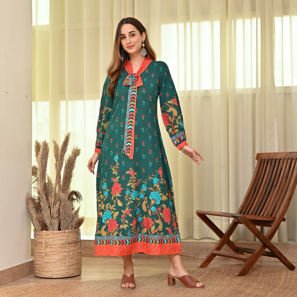 Emerald Green Floral Print Tie Up Neck Dress