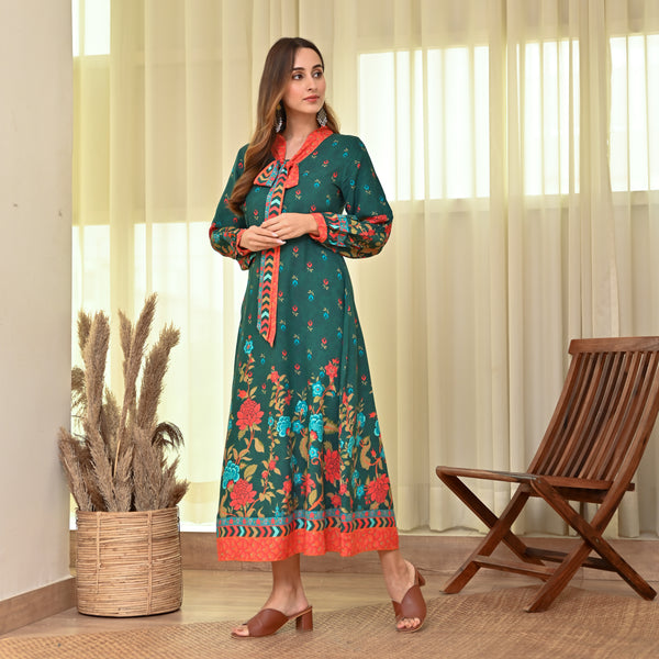 Emerald Green Floral Print Tie Up Neck Dress