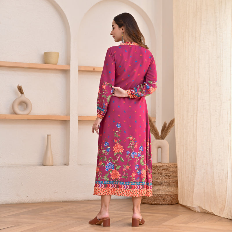 Buy Wine Floral Print Tie Up Neck Dress Rustorange