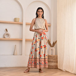 Beige Crop Top Sharara Set with Foil Print