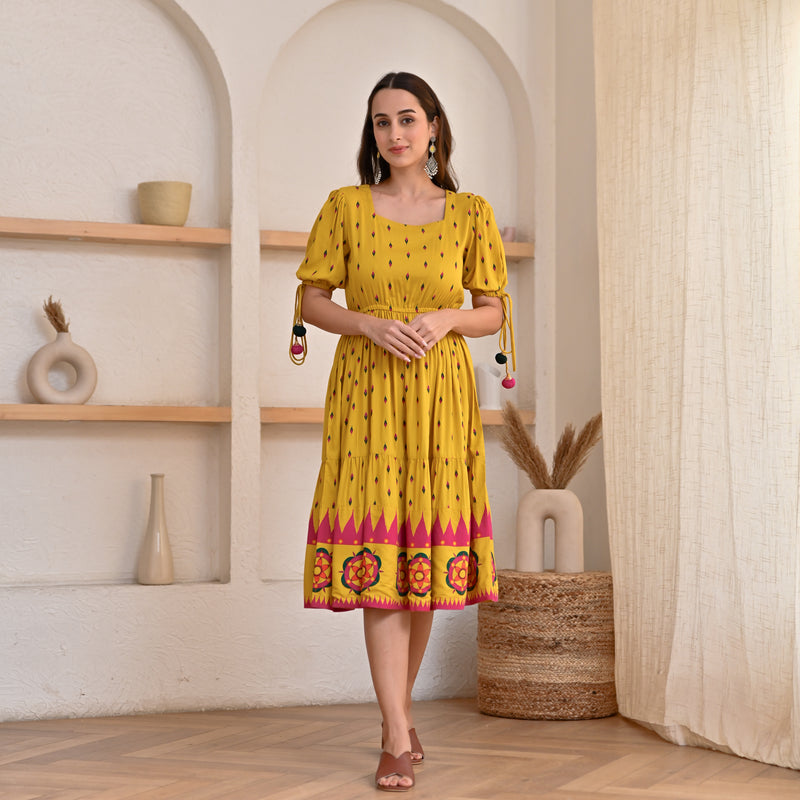 Mustard Ikat Inspired Dress with Puff Sleeves