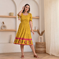 Mustard Ikat Inspired Dress with Puff Sleeves