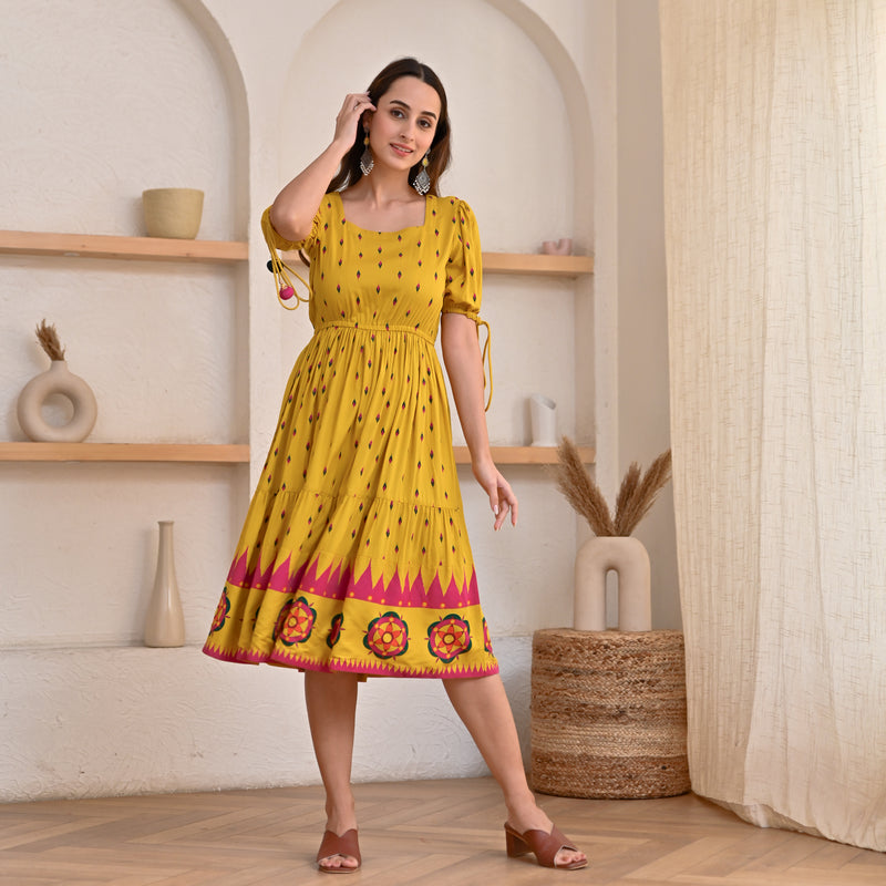 Mustard Ikat Inspired Dress with Puff Sleeves