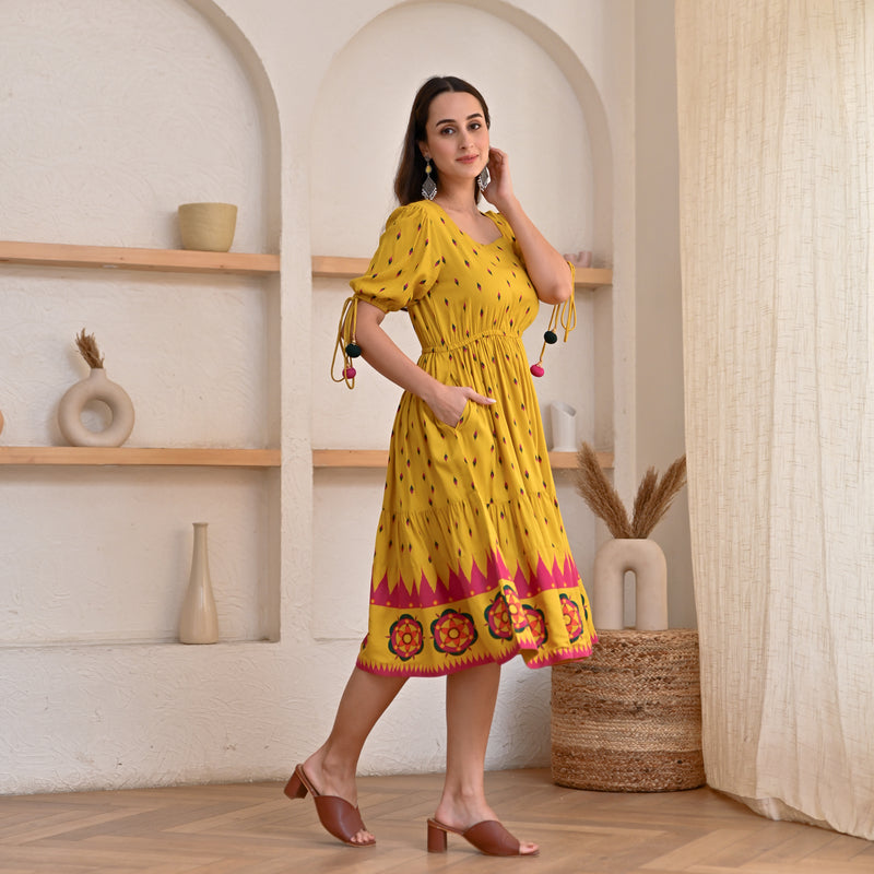 Mustard Ikat Inspired Dress with Puff Sleeves