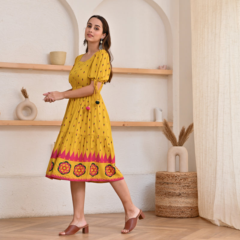 Mustard Ikat Inspired Dress with Puff Sleeves