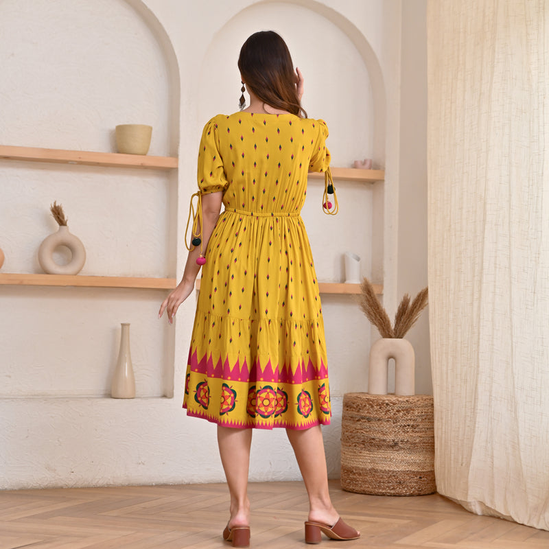 Mustard Ikat Inspired Dress with Puff Sleeves