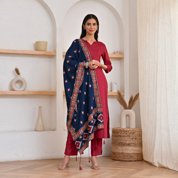 Maroon Kurta Pant Set with Ikat Dupatta