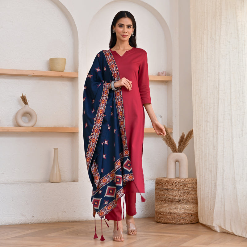 Maroon Kurta Pant Set with Ikat Dupatta