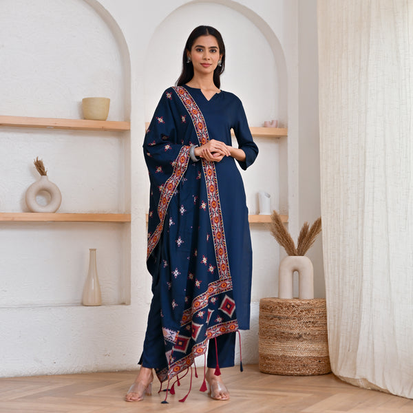 Navy Blue Kurta Pant Set with Ikat Dupatta