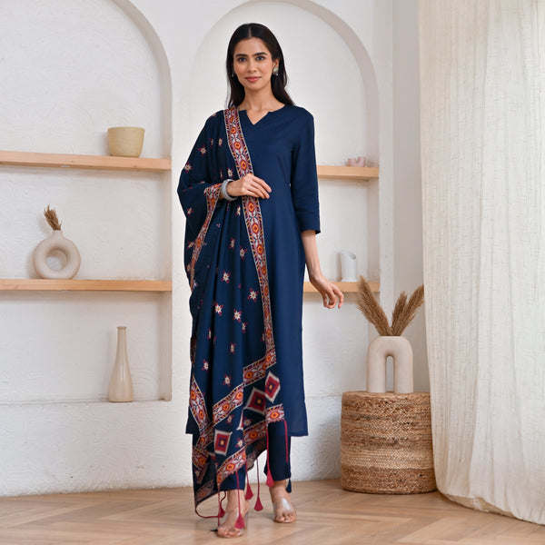 Navy Blue Kurta Pant Set with Ikat Dupatta