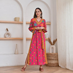 Hot Pink Long Side Slit Dress with Belt