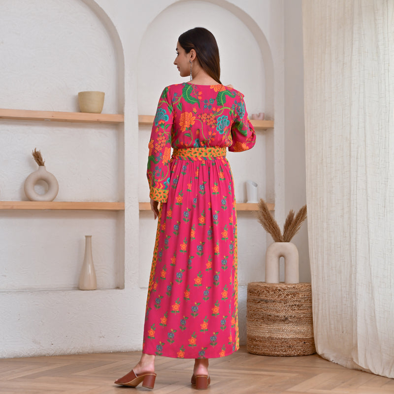 Hot Pink Long Side Slit Dress with Belt