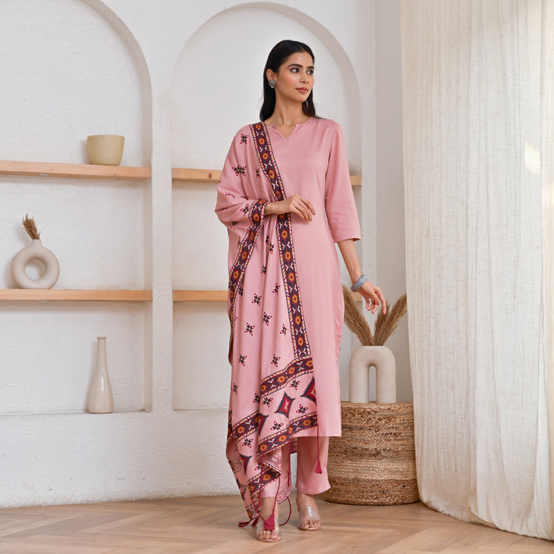 Baby Pink Kurta Pant Set with Ikat Dupatta