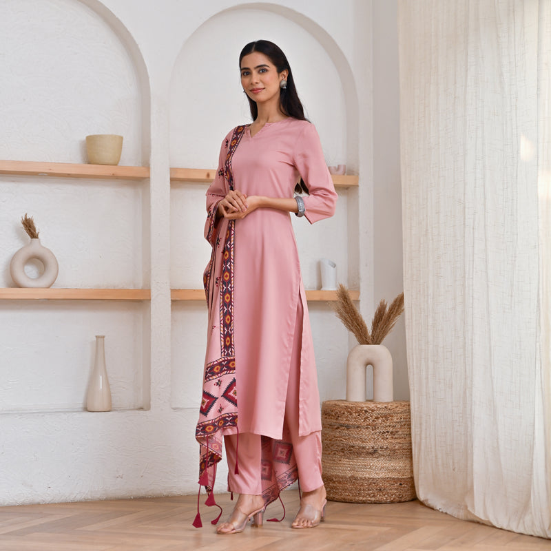 Baby Pink Kurta Pant Set with Ikat Dupatta