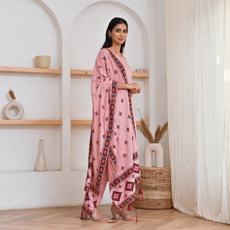 Baby Pink Kurta Pant Set with Ikat Dupatta