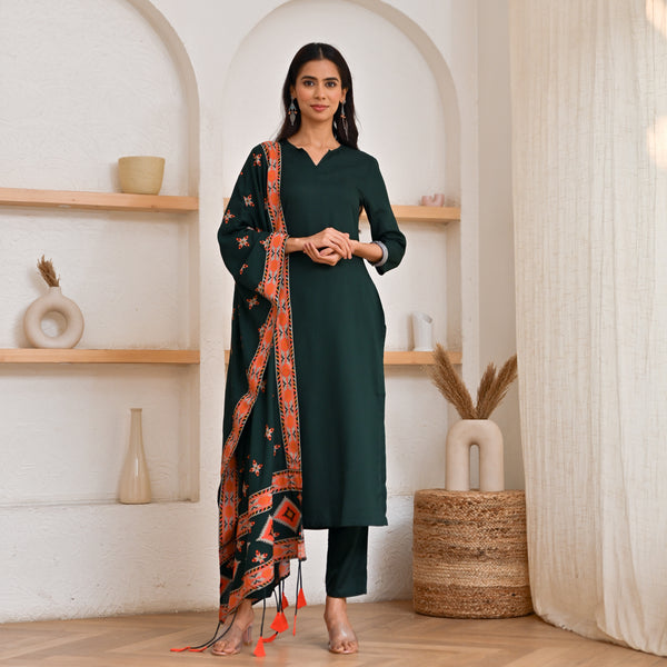 Emerald Green Kurta Pant Set with Ikat Dupatta