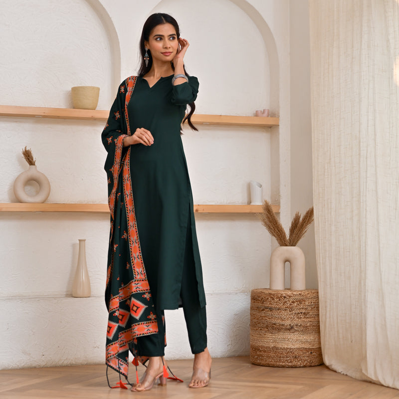 Emerald Green Kurta Pant Set with Ikat Dupatta
