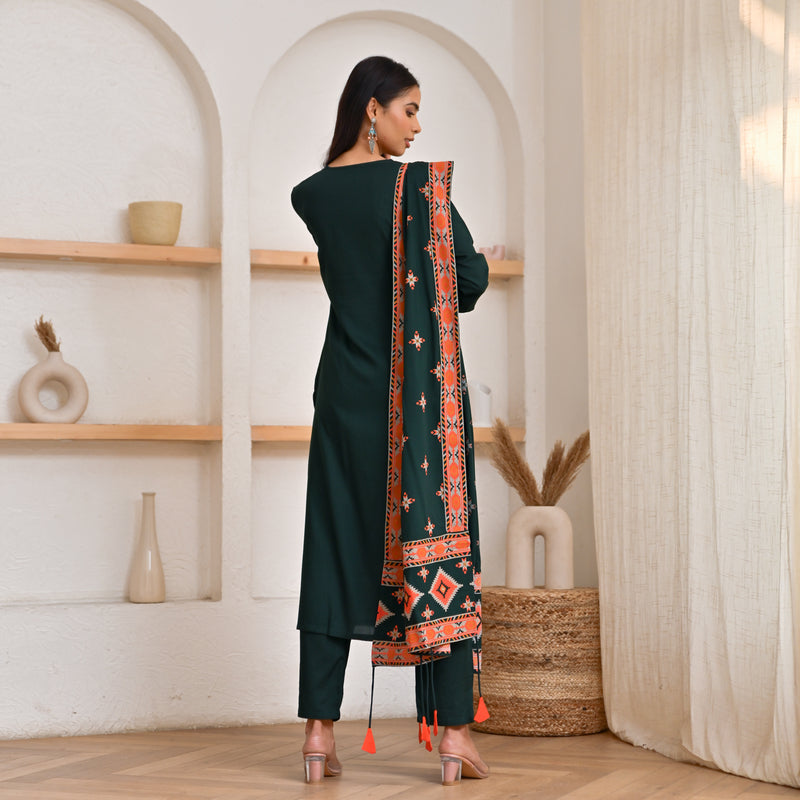 Emerald Green Kurta Pant Set with Ikat Dupatta