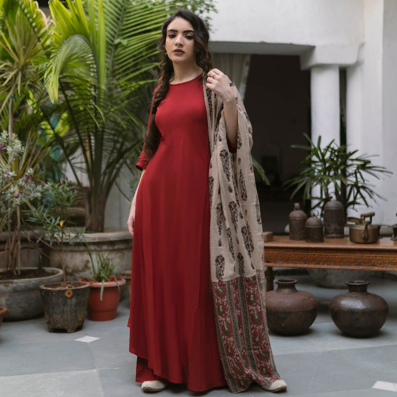 Maroon Flared Kurta Palazzo Set with Beige Floral Dupatta