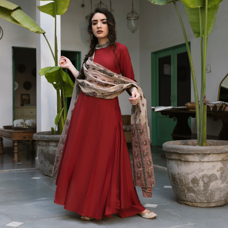 Maroon Flared Kurta Palazzo Set with Beige Floral Dupatta