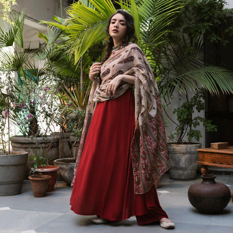 Maroon Flared Kurta Palazzo Set with Beige Floral Dupatta