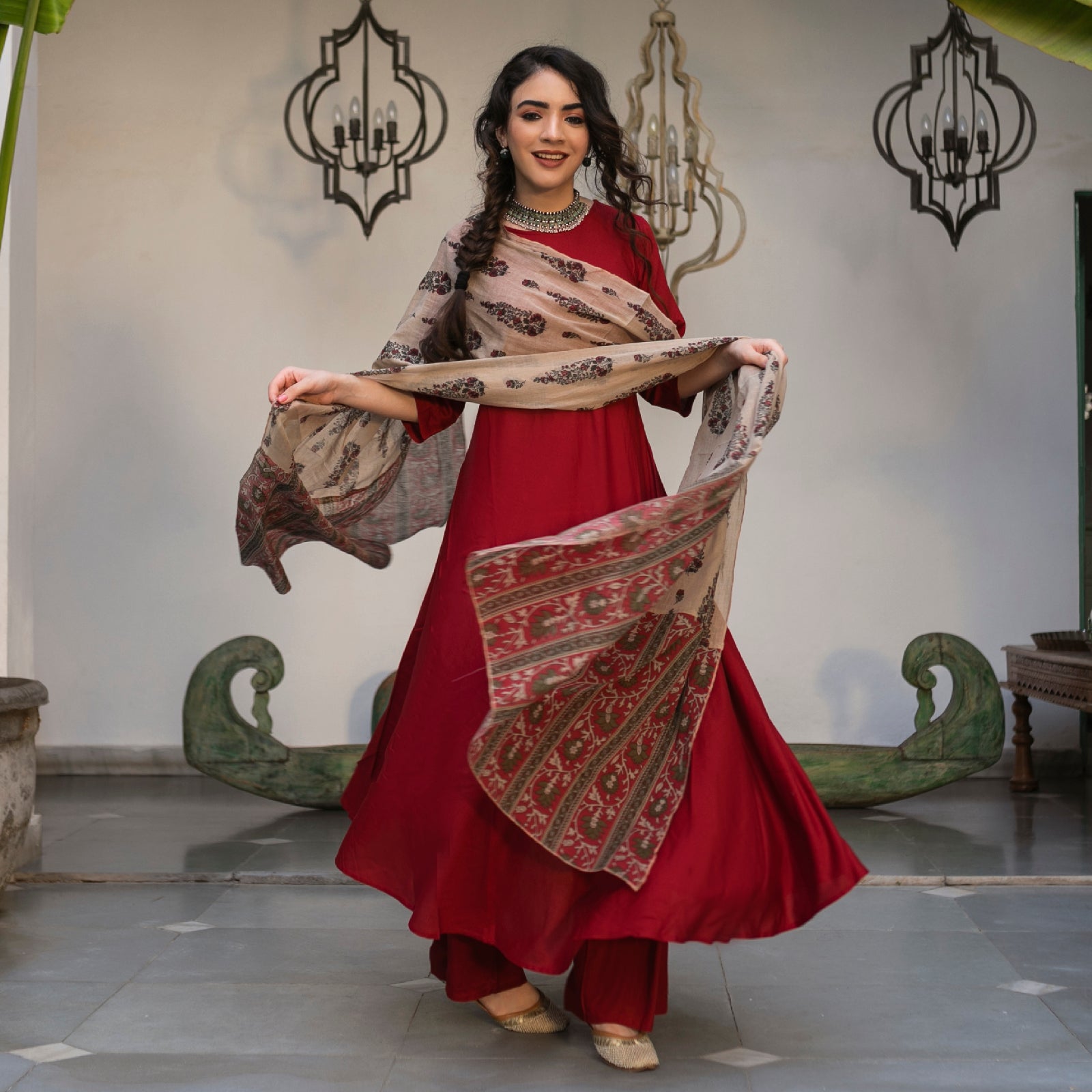 Maroon Velvet Embellished Kurta & Palazzo Set