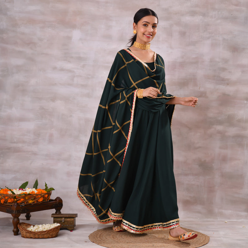 Emerald Green Long Kurta Dress with Gota Detailed Dupatta