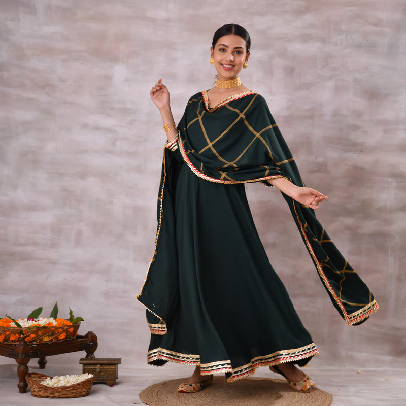 Emerald Green Long Kurta Dress with Gota Detailed Dupatta