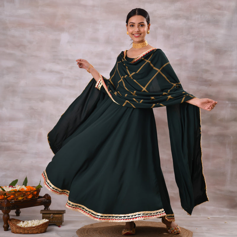 Emerald Green Long Kurta Dress with Gota Detailed Dupatta