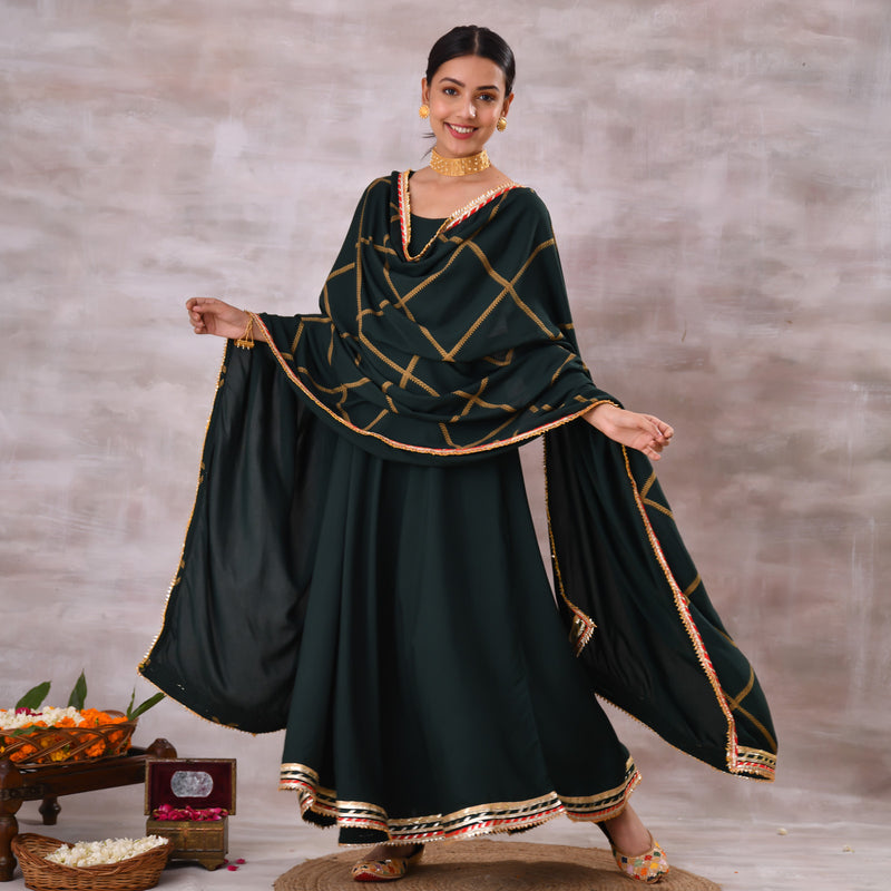 Emerald Green Long Kurta Dress with Gota Detailed Dupatta