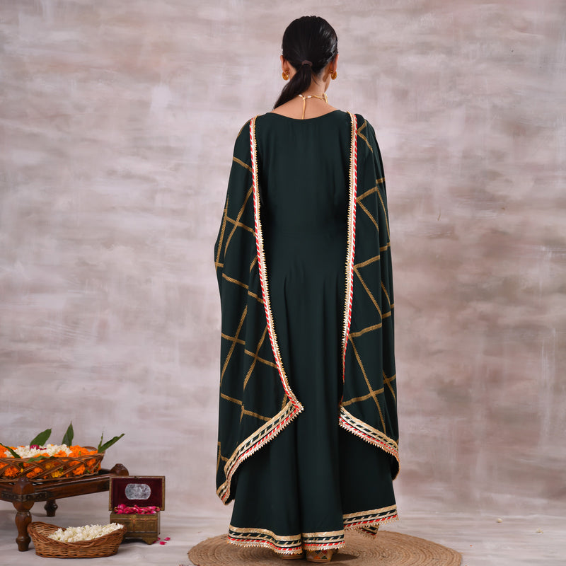Emerald Green Long Kurta Dress with Gota Detailed Dupatta