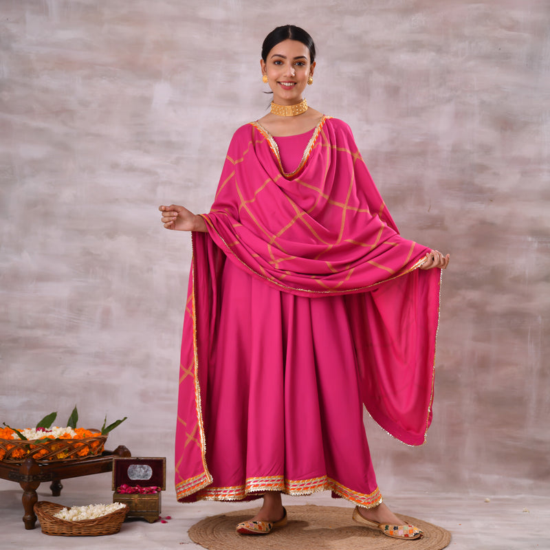 Pink Long Kurta Dress with Gota Detailed Dupatta