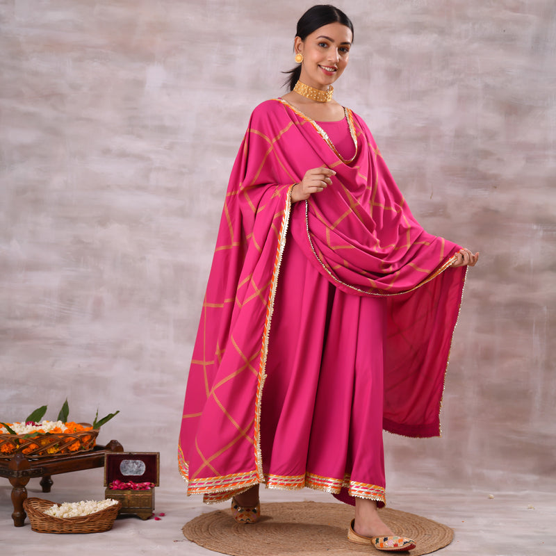 Pink Long Kurta Dress with Gota Detailed Dupatta