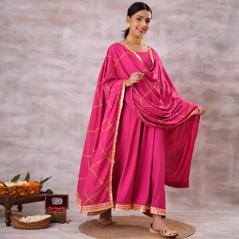 Pink Long Kurta Dress with Gota Detailed Dupatta