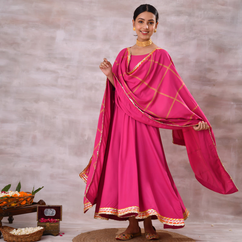 Pink Long Kurta Dress with Gota Detailed Dupatta