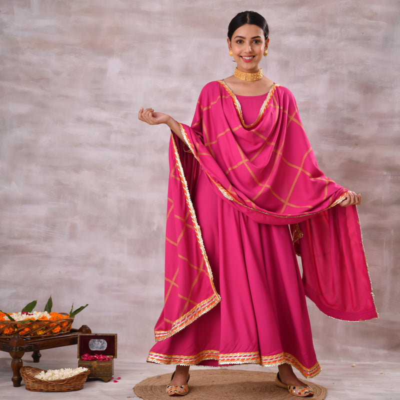 Pink Long Kurta Dress with Gota Detailed Dupatta