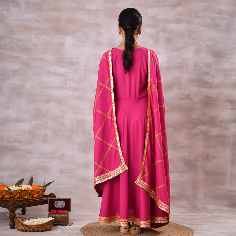 Pink Long Kurta Dress with Gota Detailed Dupatta