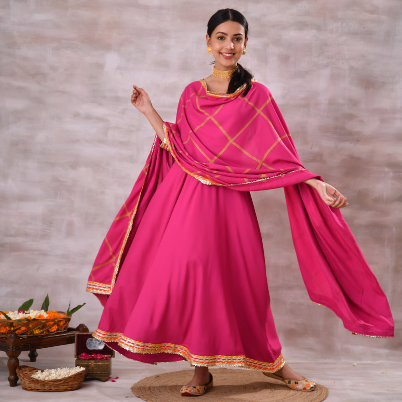 Pink Long Kurta Dress with Gota Detailed Dupatta