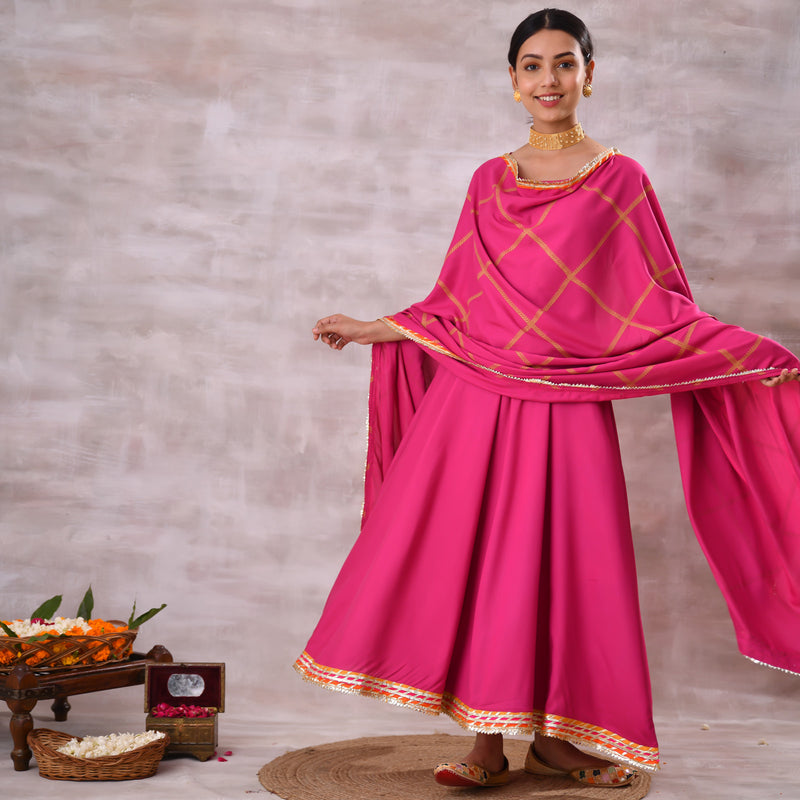 Pink Long Kurta Dress with Gota Detailed Dupatta