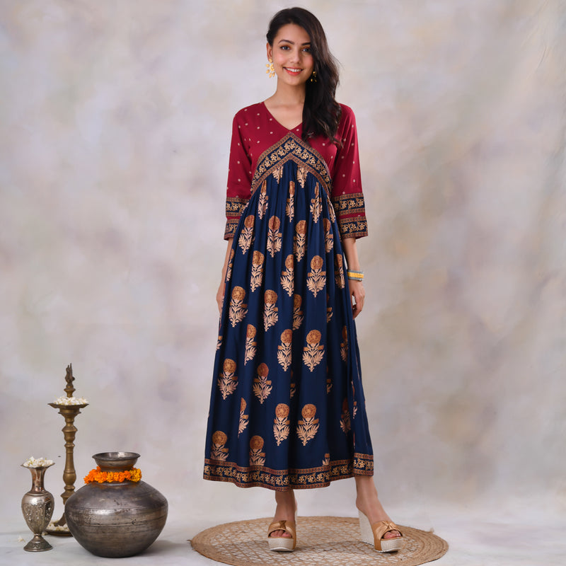 Blue & Maroon V Neck Alia Cut Dress with Gold Buta & Polka Prints